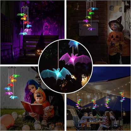 Bat Solar Lights Wind Chimes for Outside Garden Decoration, Color Changing Halloween Lights Wind Chimes with Pumpkin Bells, Bat Solar Chimes Outdoor Waterproof for Garden Patio Yard Porch Party Decor
