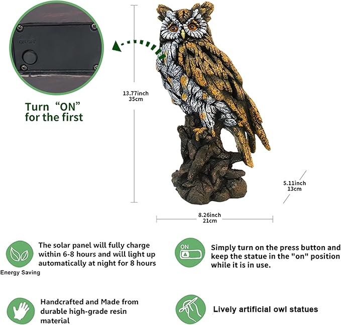 Solar Owl Resin Statue Hand - Painted Garden Decor with LED Light, Perched on Tree Stump Figurine for Outdoor Indoor Yard Patio Home Decoration