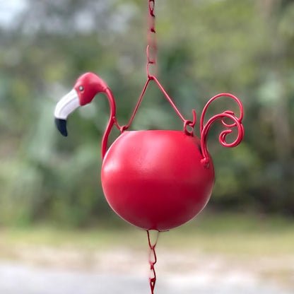 90-Inch Metal Rain Chain with 8 Portly Flamingos, 7 Inches Long Each, Muted Red Finish, Decorative Downspout Alternative for Rainwater Collection, Outdoor Garden Décor