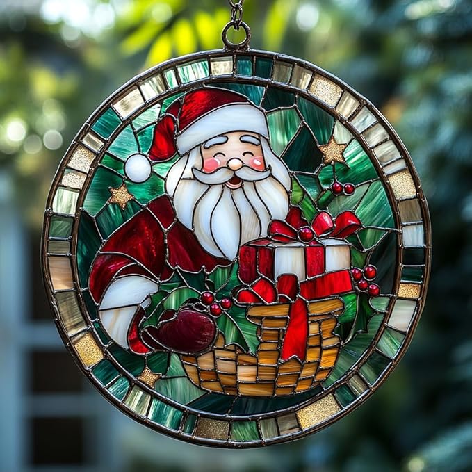 Santa Claus and Presents Acrylic Suncatcher Stained Glass Effect Window Car Hanging Christmas Ornament Indoor Outdoor Decor Garden Sun Catcher Panel for Christmas Lover for Women Mom Grandma
