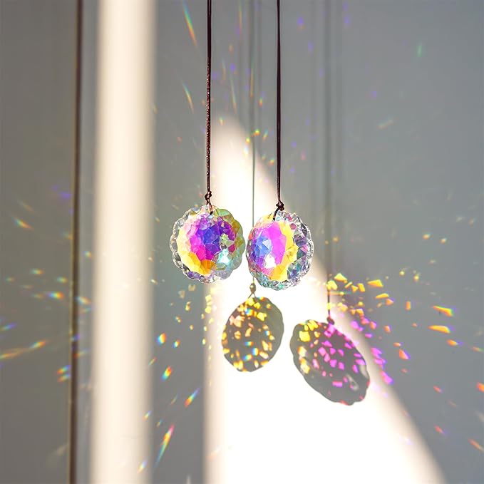 HDCRYSTALGIFTS Set 2 Crystal Suncatcher Datura Shaped Prisms Sun Catcher Indoor Window Rainbow Feng Shui Hanging Prism Glass Ornaments for Home Garden Tree (45mm)