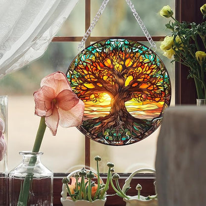 Tree of Life Stained Glass Suncatcher Nature Round Big Trees and Sunset Suncatcher Hanging Decoration with Metal Chain-SunCatchers for Window Decor Outdoor Garden Decor Gift,1PC