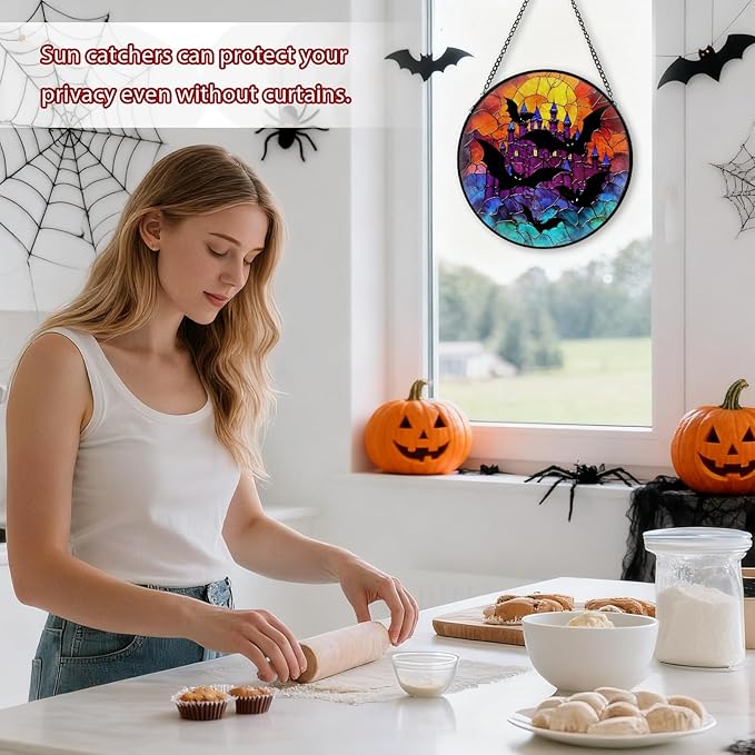 Bat Stained Glass Window Hanging, Horror Movies Decor Suncatcher for Window Hanging, Moon Sun Catchers Indoor Windows Wall Art, Gifts for Bat Lovers, Christmas Decor, for Home Garden Office 7.87 inch