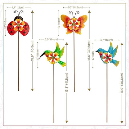 HUTHDAK 4 Pack Metal Animal Decorative Garden Stakes,Colorful Spring Outdoor Pinwheels,Cute Ladybugs Butterfly&Hummingbird Wind Spinners for Yard Art Outdoor Lawn Porch Pathway Decorations