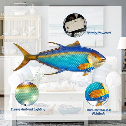 LIFFY Metal Fish Wall Decor,36" Large Tuna Wall Art with Led Lights,Indoor Outdoor Mounted Nautical Hanging Decorations for Home Garden Patio,Gift for Coastal Decor & Ocean Lover