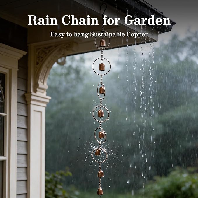 Hanging Rain Chime Metal Rain Chain Garden Wind Chimes Decorative Bell Musical Rain Feng Shui Good Luck Chimes for Gutter Drainage Home Outside Decor