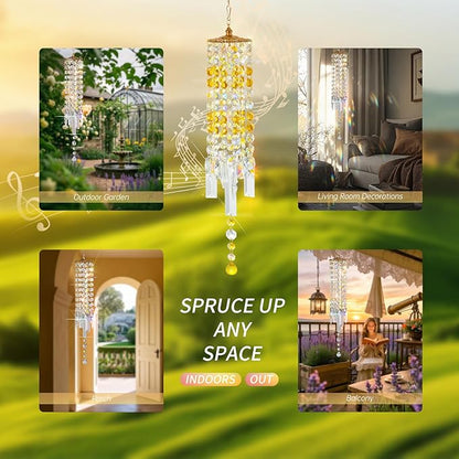 Crystal Wind Chimes for Outside with Rainbow Light Reflections Glass Bells and Rose Gold Alloy Hooks Indoor Outdoor Decor for Home Garden Patio Porch Birthday House Warming (Yellow)