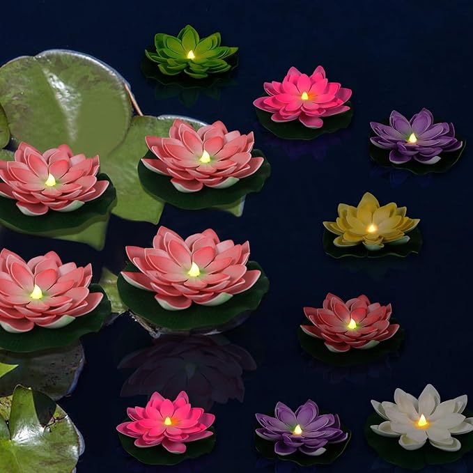 LACGO 12 PCS Floating Lotus Tea Lights - 5 Inch Floating Flowers Water Lily LED Candles for Pool, Bath, Wedding, Party Decor - Water Activated Lotus Flower Pool Lights(Mix-Color)