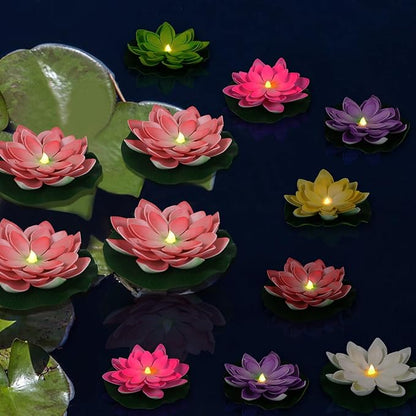 LACGO 12 PCS Floating Lotus Tea Lights - 5 Inch Floating Flowers Water Lily LED Candles for Pool, Bath, Wedding, Party Decor - Water Activated Lotus Flower Pool Lights(Mix-Color)