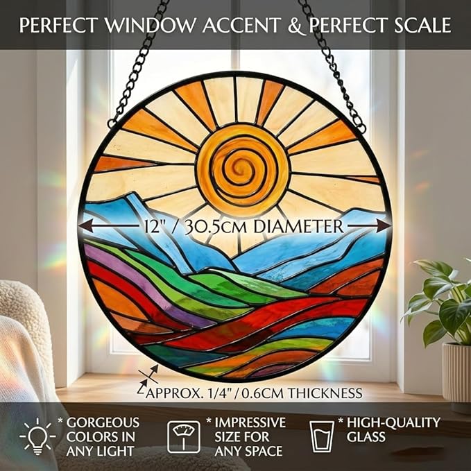 Stunning 12" Stained Glass Suncatcher - Colorful Spiral Sun & Rainbow Mountain Window Hanging, Handcrafted Outdoor Garden Decor, Ideal Mother’s Day or Housewarming Gift