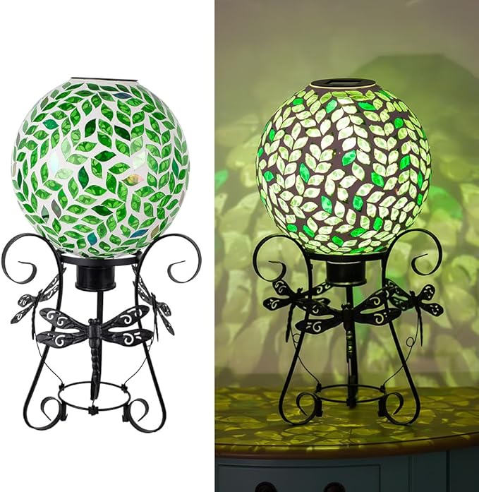 Stargarden Solar Gazing Ball, 10" Mosaic Gazing Ball,Glass Gazing Globe with Metal Stand, Decorative Solar Globes for Patio, Lawn, Garden Decor(Green Leaf)