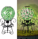 Stargarden Solar Gazing Ball, 10" Mosaic Gazing Ball,Glass Gazing Globe with Metal Stand, Decorative Solar Globes for Patio, Lawn, Garden Decor(Green Leaf)