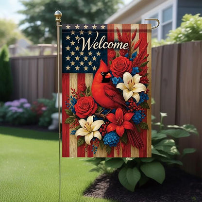 Spring Summer Garden Flag 12x18 Inch Patriotic Cardinal Welcome American Outdoor Floral Bird Design Outdoor Yard Porch Lawn for Seasonal Americana Farmhouse Home Decor