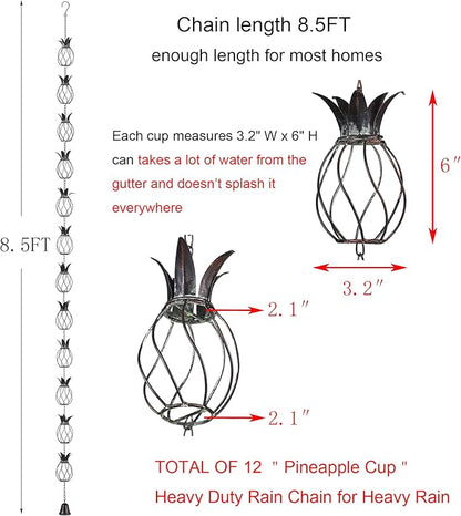 Metal Pineapple Heavy Duty Rain Chain for Heavy Rain, Functional and Decorative Replacement Downspout Chain for Outside, Rain Catcher Chain for Gutters, 8.5FT
