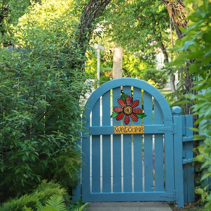Metal Welcome Sign Daisy Hanging Signs for Front Door - Indoor Outdoor Door Decor Wall Art Flower Decoration Decorative Ornament Wreath for Home Garden Patio (Red)