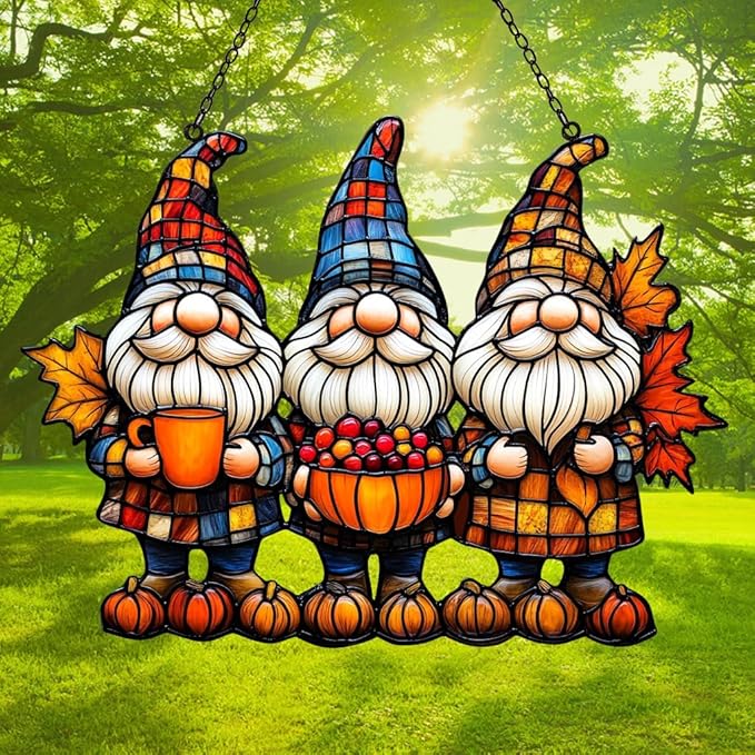 Autum Gnome Punpkin Acrylic Suncatcher Stained Glass Effect Window Car Hanging Christmas Ornament Indoor Outdoor Decor Garden Sun Catcher Panel for Acrylic Suncatcher Lover for Women Mom Grandma