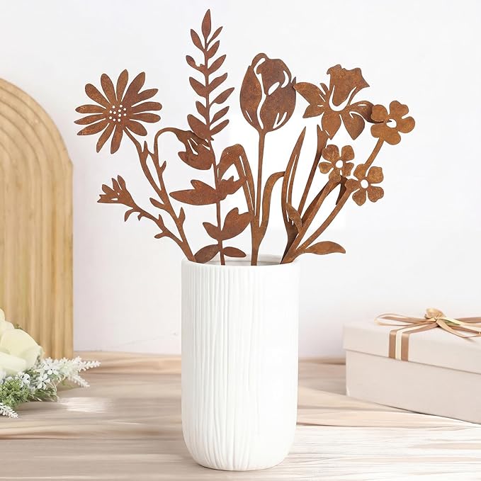 5 Pcs Rusty Metal Flowers and Plants, Rusty Rustic Metal Flowers Signs for Outside Yard Art Gift for Yard Decorative Garden Stakes Potted Plants Walkway and Garden
