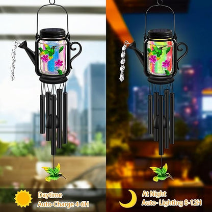 Solar Hummingbird Wind Chimes for Outside for Mom Women Grandma,Solar Mason Jar Watering Can Hummingbird Light Unique Hanging Wind Chimes Outdoor,Yard Garden Terrace Courtyard