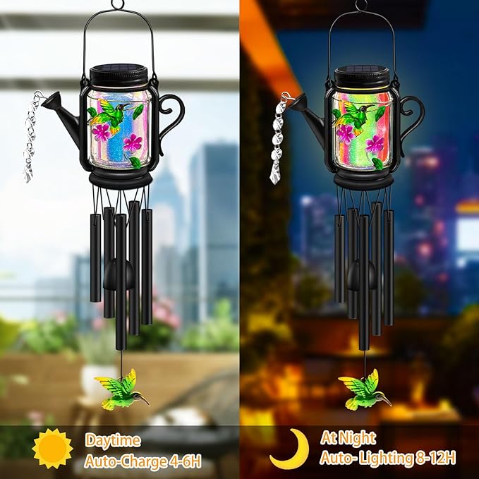 Solar Hummingbird Wind Chimes for Outside - Gifts for Mom Women Grandma,Solar Mason Jar Watering Can Hummingbird Light Unique Hanging Wind Chimes Outdoor,Yard Garden Terrace Courtyard
