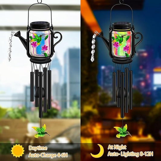 Solar Hummingbird Wind Chimes for Outside - Gifts for Mom Women Grandma,Solar Mason Jar Watering Can Hummingbird Light Unique Hanging Wind Chimes Outdoor,Yard Garden Terrace Courtyard