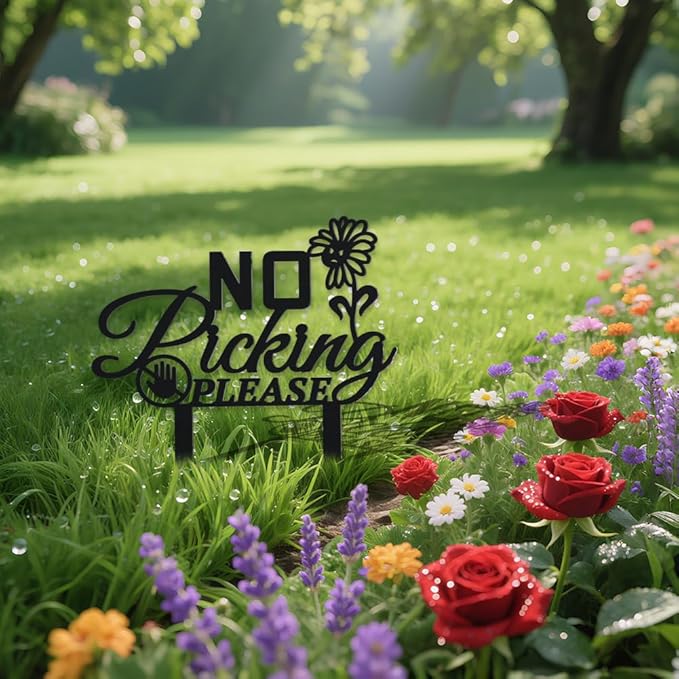 WADORN No Picking Please Metal Decorative Garden Stakes, Funny No Picking Please Warning Metal Yard Sign Funny Garden Ornament Gifts Black Yard Art Decoration for Outdoor Backyard Patio Lawn Walkways