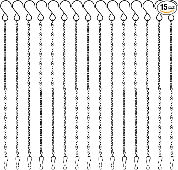 PLULON 15 Pack 10 Inch Hanging Basket Hooks Black Hanging Chains Garden Plant Hanger Chain Clips Outdoor for Flower Baskets, Bird Feeders, Wind Chimes, Lanterns, Ornaments