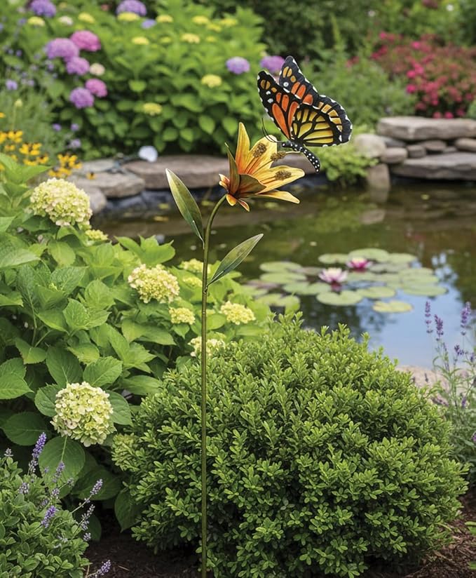 Regal Art & Gift Butterfly Flower Metal Garden Stake - Decorative Handcrafted Outdoor Metal Sculpture for Lawn, Patio & Garden Décor - Orange