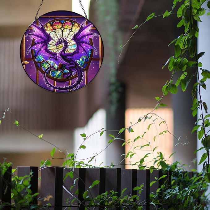 Purple Dragon Stained Glass Window Hanging Dragons SunCatcher Dragon Lovers Gifts for Kid Room Decor Handmade SunCatcher Decoration for Home Decor, 7.87inch