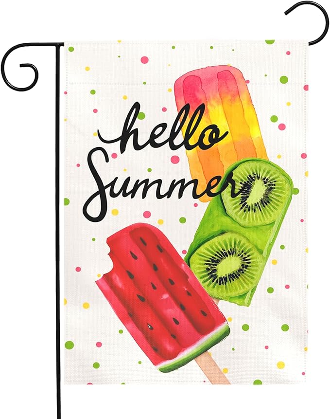 Hello Summer Garden Flag Colorful Popsicle Ice Cream Outdoor Yard Flags Lawn Porch Patio Summer Party Pool Decor Watermelon Kiwi Fruit Theme Seasonal House Banners Home Decoration 12x18 Inch