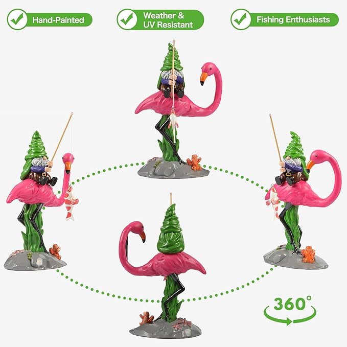Garden Gnomes Outdoor Decor,Outdoor Statues,Funny Gnome on Flamingo with Fish on Fishing Rod,Large Decorations for Yard,Ideal Gifts for Women,Garden Gnomes Outdoor