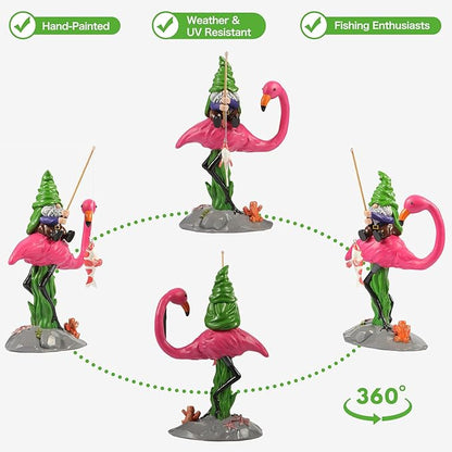 Garden Gnomes Outdoor Decor,Outdoor Statues,Funny Gnome on Flamingo with Fish on Fishing Rod,Large Decorations for Yard,Ideal Gifts for Women,Garden Gnomes Outdoor