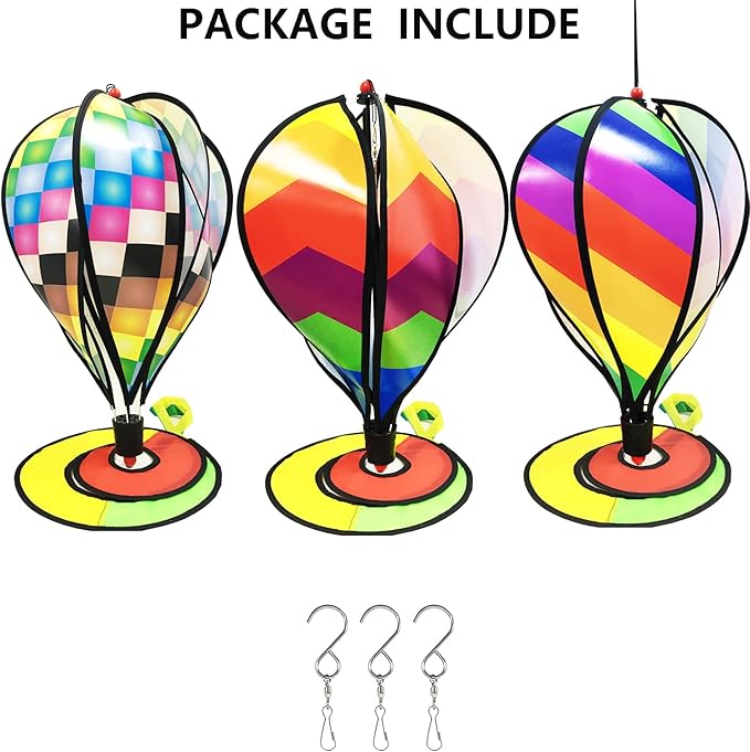 timecity 3pcs Hot Air Balloon Wind Spinner Rainbow Garden Pinwheels Whirligigs Wind Spinner Windmill Striped Rainbow Windsock Rotating Sequins Windmill Wind Twister Hanging Decor