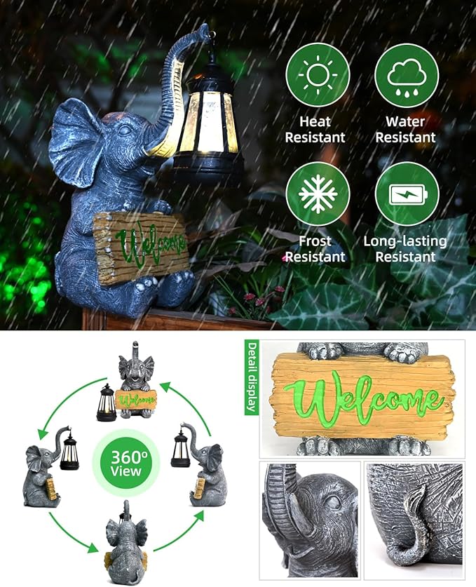KVR Solar Elephant Garden Lights, Outdoor Welcome Statue Decor for Patio Yard, Birthday Gift for Women Mom Grandma (2026 New Gift Ready) (Green)