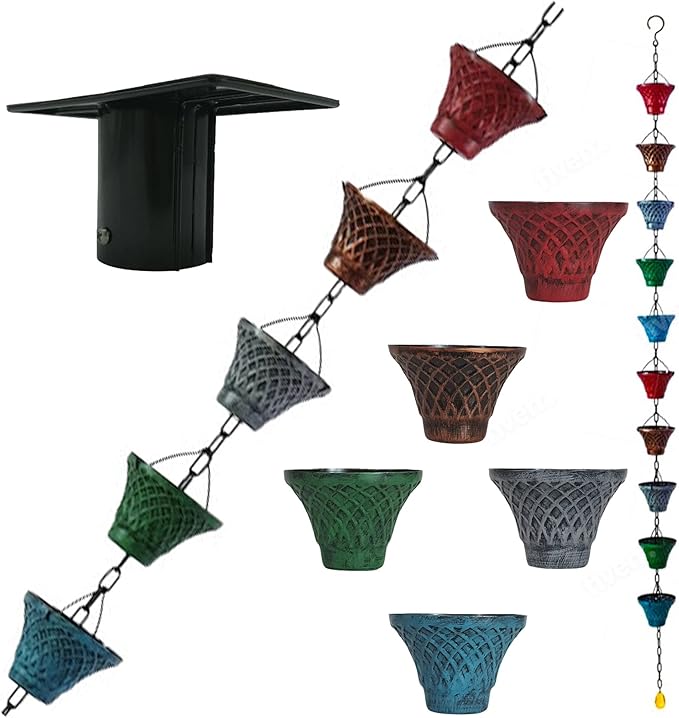 5.8FT Multicolor Iron Rain Chains for Gutter and Rain Barrel, Rust-Resistant Plated Garden Décor Rain Chain for Downspout, Bonus Rain Chain Gutter Adapter