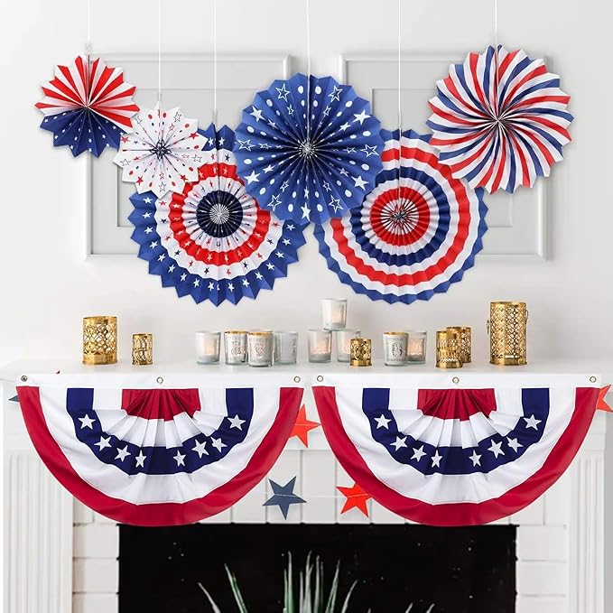 8 Pack American Pleated Fan Flag, 1.5 x 3 Ft Red White and Blue Half Fan Flag Bunting Banner, Patriotic Decorations USA Bunting Flags Outdoor Indoor for Porch Garden Memorial Day 4th of July Decor