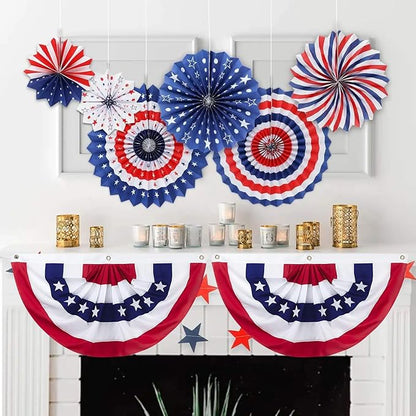 8 Pack American Pleated Fan Flag, 1.5 x 3 Ft Red White and Blue Half Fan Flag Bunting Banner, Patriotic Decorations USA Bunting Flags Outdoor Indoor for Porch Garden Memorial Day 4th of July Decor