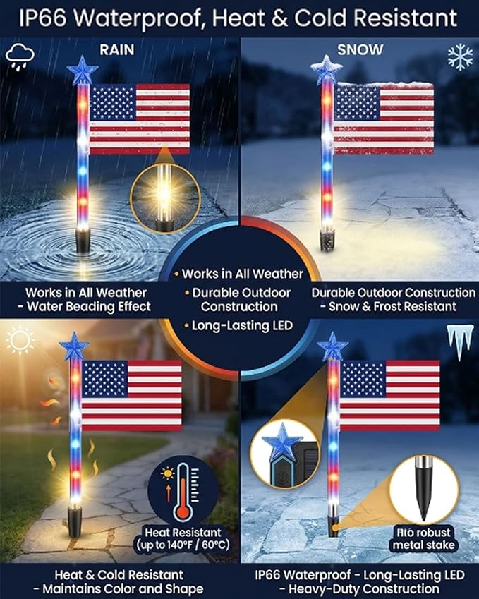 8 Piece Solar US Flag Light Set, American Flags Pole Pathway Lights, Outdoor Garden IP66 Waterproof Patriotic LED Star Stake with 8 Lighting Modes for 250th Anniversary, 4th of July Decoration