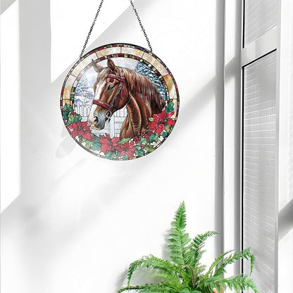Bimkole Horse Stained Glass Suncatcher Window Hanging - Animals Indoor Window or Doorway Decoration - Handmade Sun Catcher Decor for Garden Home Christmas & Birthday Gifts 7.87x7.87 Inch