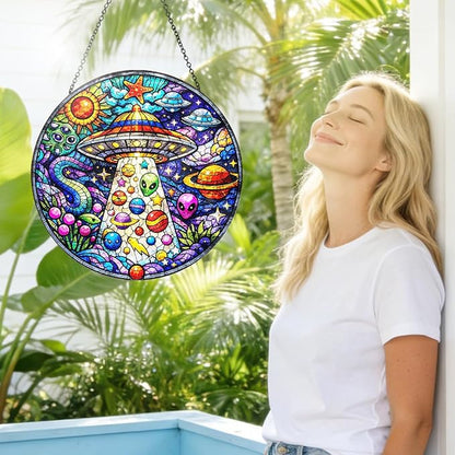 UFO Alien Stained Glass Window Hanging – Round Space Suncatcher with Chain, Colorful Glass Ornament for Bedroom Game Room Home Garden Decor Gift, 8 Inch