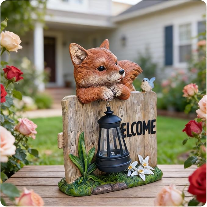 Garden Fox Welcome Sign with Solar LED Lantern, Outdoor Decorative Statue with Bird and Flowers for Porch, Patio or Garden