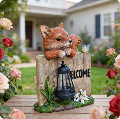 Garden Fox Welcome Sign with Solar LED Lantern, Outdoor Decorative Statue with Bird and Flowers for Porch, Patio or Garden