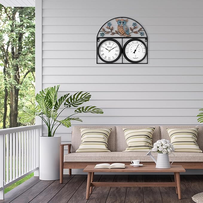 17Inch Large Outdoor Clock,Waterproof Wall Clock with Thermometer,Weatherproof Non-Ticking Quartz Battery Operated Decor Clock for Patio,Garden,Pool,Porch,House Warming Gifts