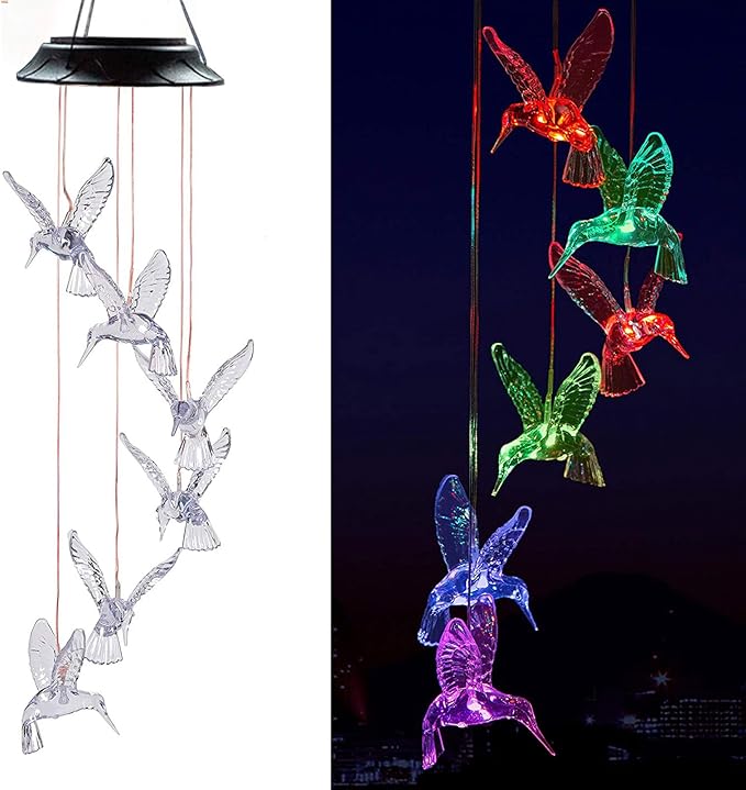Solar Hummingbird Wind Chimes - Color Changing LED Lights, Waterproof Outdoor for Home, Yard, Night, Garden