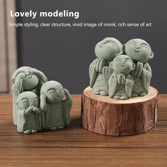Mini Monk Buddha Statue Green Sandstone Statues Zen Monk Praying Statue Sculptures for Wealth Good Luck Feng Shui Decor Home Fish Tank Aquarium Garden (Style 3)