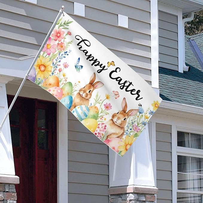 Happy Easter Flag with Bunnies and Eggs, 3x5 FT, Polyester with Metal Grommets, Spring Floral Butterfly Design, Double Sided, Indoor Outdoor Decoration
