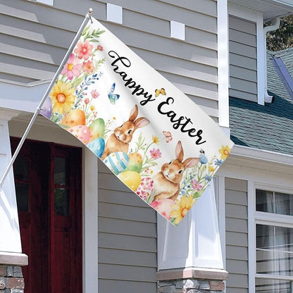 Happy Easter Flag with Bunnies and Eggs, 3x5 FT, Polyester with Metal Grommets, Spring Floral Butterfly Design, Double Sided, Indoor Outdoor Decoration