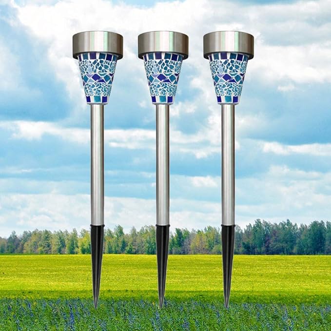 6-Pack Solar Mosaic Border Lawn Garden Lights, LED Mosaic Stake Lights Pathway Landscape Lighting for Patio Walkway Driveway Outdoor Christmas Garden Home Decoration (Blue)