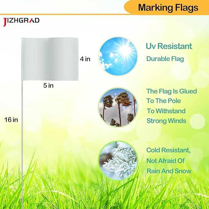 100Pack White Marking Flags, JIZHGRAD 16x4x5 Inch Marker Flags Use for Yard & Lawn, Boundary & Dog Training, Survey & Landscape, Sprinkler & Surveyor, Garden & Construction, High Visibility, Sturdy, Versatile, UV & Weather Resistant