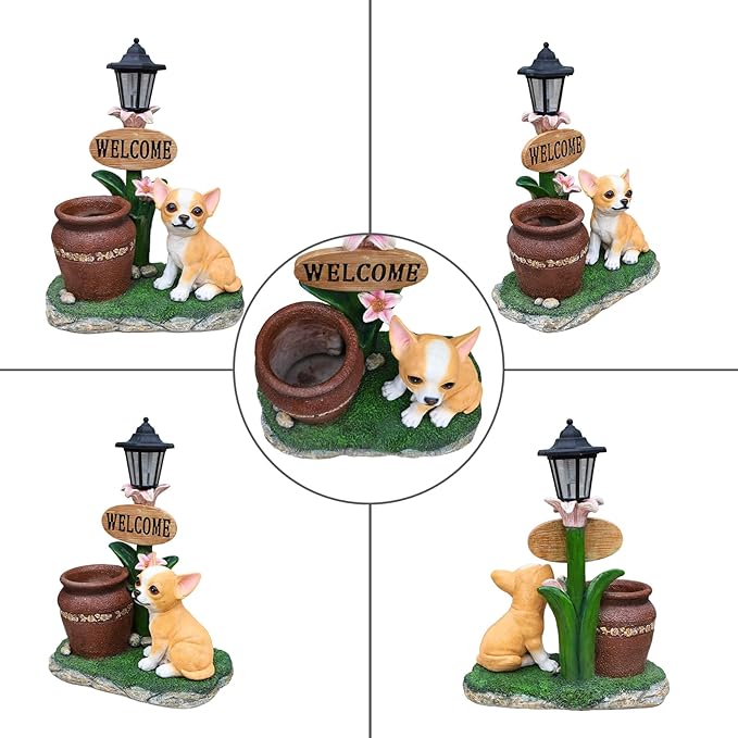 Solar Light Animal Outdoor Statue Planter with Welcome Sign, Resin Garden Sculpture Flower Pot for Patio Lawn Porch Yard Courtyard Decor, Weather-Resistant Decorative Figurine Accent (O)