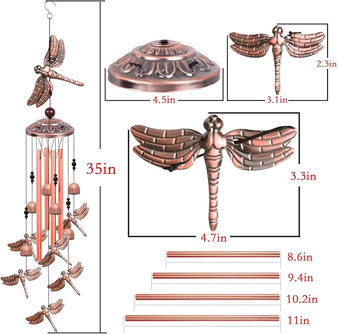 Red Copper Dragonfly Wind Chimes - Garden, Home & Patio, Balconies, Room, Indoor, Outdoor Decoration, Dragonfly Decor, Outdoor Dragonflies Wind Catcher, Memorial Wind Bells Gifts for Mom & Women